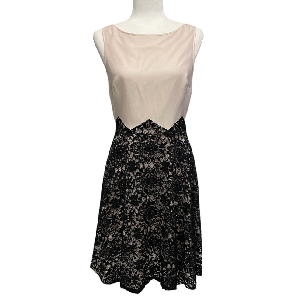 Ted Baker 2 viscose Ballet Pink Satin Black Lace Sleeveless Fit & Flare Dress